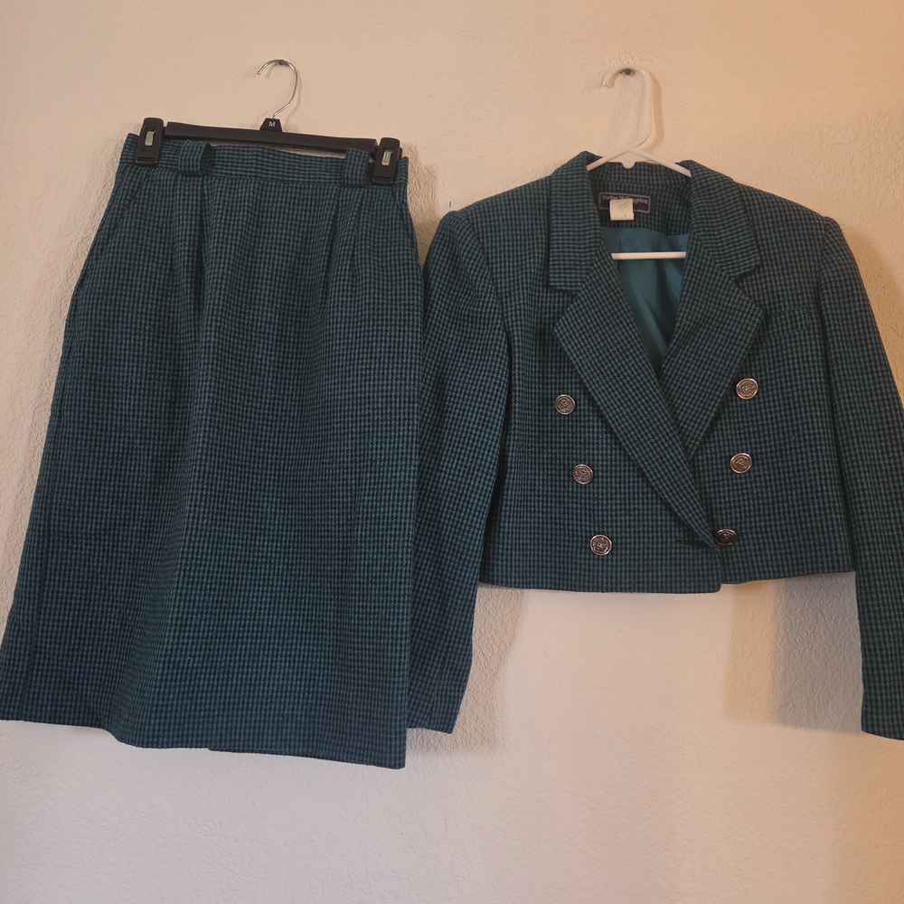 Norton McNaughton Teal Houndstooth Cropped Double-Breasted Skirt Set